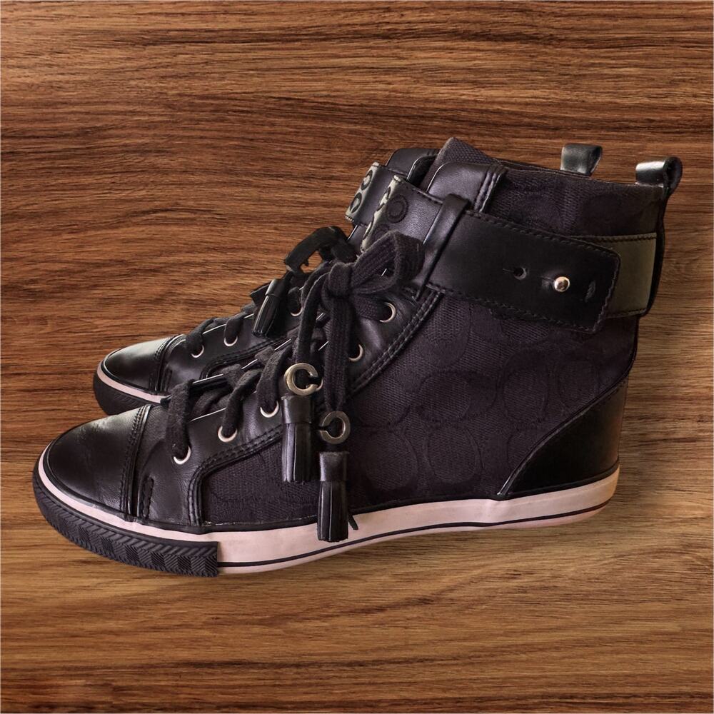 Coach Signature C Canvas Leather High Top Foster Black Women’s Sneakers Sz 8.5B